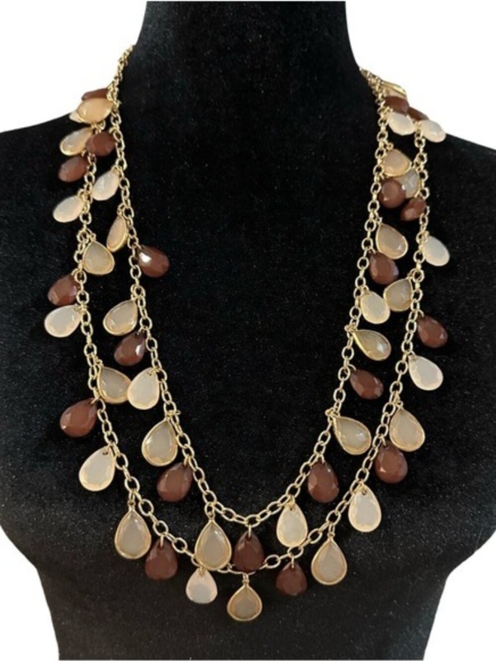 Charming Charlie Necklace Teardrop Fringe Gold Tone Brown Pale Pink